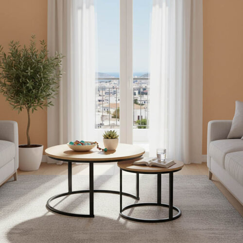 Τραπέζια σαλονιού Solme I pakoworld 2τεμ σε oak απόχρωση με μαύρα μεταλλικά πόδια 271-000046