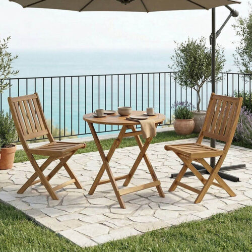 Τραπεζαρία Elijie-Carpuva pakoworld σετ 3τεμ πτυσσόμενο φυσικό μασίφ ξύλο ακακίας Φ70x74εκ 282-000052