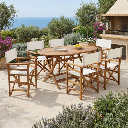 Τραπεζαρία Bistrual-Falov pakoworld σετ 7τεμ πτυσσόμενο φυσικό μασίφ ξύλο ακακίας 130x80x72εκ 282-000059