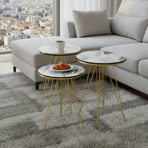 Βοηθητικά τραπέζια Wakmi pakoworld σετ 3τεμ λευκό μπεζ μαρμάρου μελαμίνης-χρυσό μέταλλο 321-000069