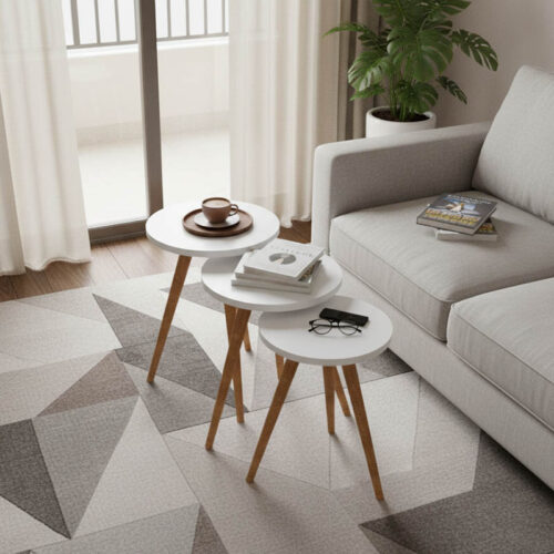 Βοηθητικά τραπέζια Perjene pakoworld σετ 3τεμ μελαμίνη σε λευκή απόχρωση και ξύλινα πόδια 321-000090