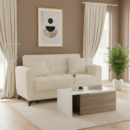 Καναπές-κρεβάτι με αποθηκευτικό χώρο διθέσιος Modesto pakoworld κρεμ ύφασμα 155x85x80εκ 328-000044