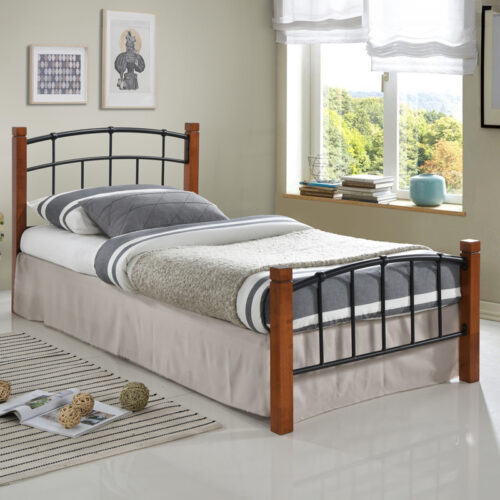 Κρεβάτι Mandy pakoworld ξύλο σε καρυδί απόχρωση-μαύρο μέταλλο 90x190εκ 330-000001