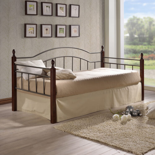 Καναπές-κρεβάτι Nika pakoworld ξύλο σε καρυδί απόχρωση-μαύρο μέταλλο 90x190εκ 330-000012