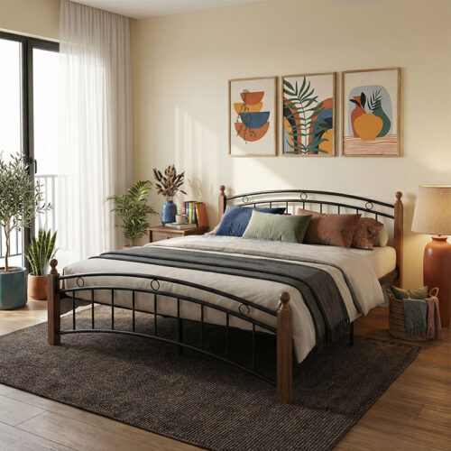 Κρεβάτι Clarive pakoworld ξύλο σε καρυδί απόχρωση-μαύρο μέταλλο 160x200εκ 330-000021