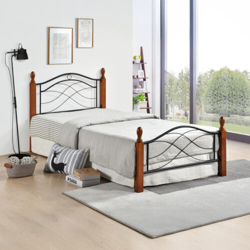 Κρεβάτι Polanian pakoworld ξύλο rubberwood σε καρυδί απόχρωση-μαύρο μέταλλο 150x200εκ 330-000024