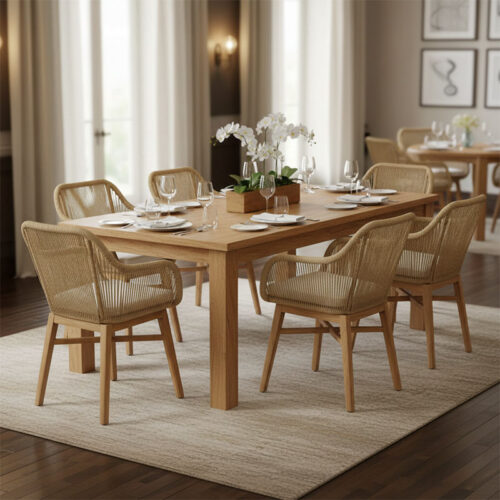 Τραπεζαρία Kalie-Wooly pakoworld σετ 7τεμ σε φυσική-μπεζ απόχρωση 220x90x75εκ 343-000063