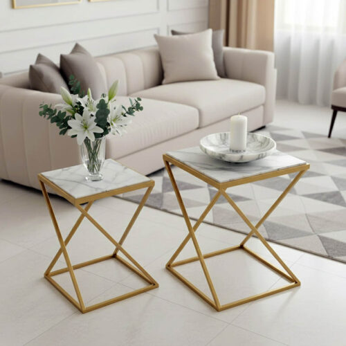 Βοηθητικά τραπεζάκια σαλονιού σετ 2τεμ Zoliene Inart χρυσό μέταλλο-λευκό μαρμάρου 352-000003