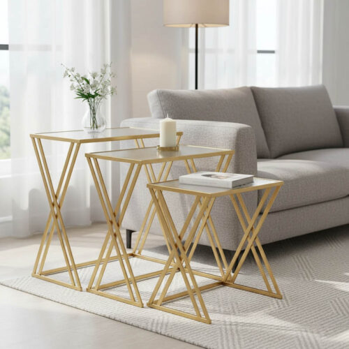 Τραπέζια σαλονιού σετ 3τεμ Pitche Inart χρυσό μέταλλο-γυαλί 352-000008