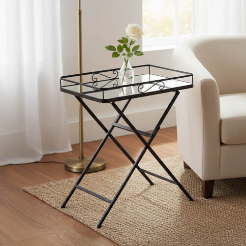 Τραπέζι Joene Inart πτυσσόμενο μαύρο μέταλλο-γυαλί καθρέπτη 60x38x68εκ 352-000009