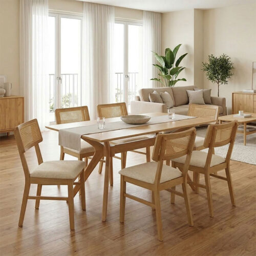 Τραπεζαρία Raffles pakoworld σετ 7τεμ rubberwood με pe rattanσε φυσική απόχρωση 150x90x76εκ 381-000016