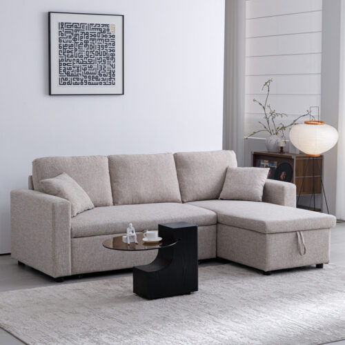 Γωνιακός αναστρέψιμος καναπές κρεβάτι Kamore pakoworld με αποθηκευτικό χώρο μπεζ ύφασμα 223x146x85εκ 389-000001