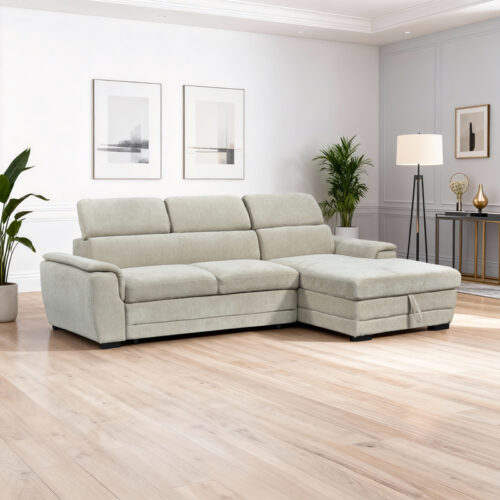 Γωνιακός καναπές-κρεβάτι αριστερή γωνία Dreamora pakoworld με αποθηκευτικό χώρο ύφασμα μπεζ 270x167x82εκ 389-000009