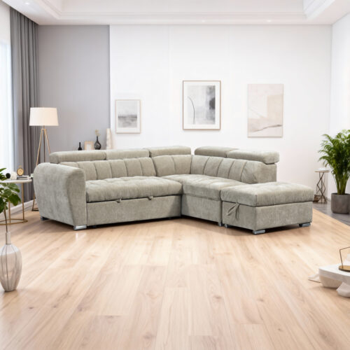 Γωνιακός καναπές-κρεβάτι αριστερή γωνία Nuvora pakoworld με αποθηκευτικό χώρο μπεζ ύφασμα 244x225x79εκ 389-000012