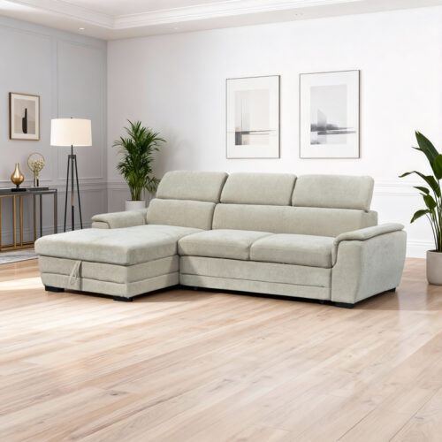 Γωνιακός καναπές-κρεβάτι δεξία γωνία Dreamora pakoworld με αποθηκευτικό ύφασμα μπεζ 270x167x82εκ 389-000014