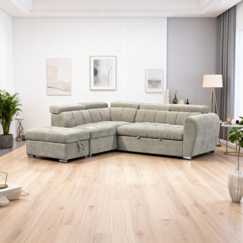 Γωνιακός καναπές-κρεβάτι δεξιά γωνία Nuvora pakoworld με αποθηκευτικό χώρο μπεζ ύφασμα 244x225x79εκ 389-000015