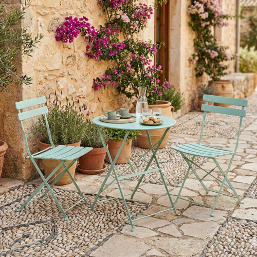 Τραπεζαρία Bistro pakoworld σετ 3τεμ μεταλλική αναδιπλούμενη σε μέντα απόχρωση Φ60x71εκ 400-000013