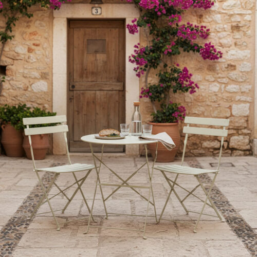 Τραπεζαρία Bistro pakoworld σετ 3τεμ μεταλλική αναδιπλούμενη σε μπεζ απόχρωση Φ60x71εκ 400-000016